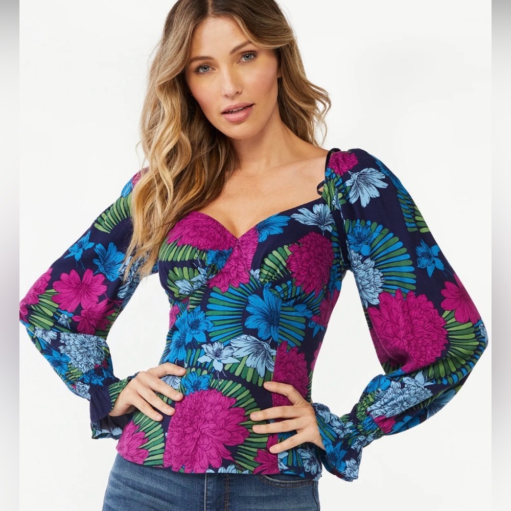 Sofia by Sofia Vergara Floral Bustier Blouse Blue and Pink Sz XLarge
